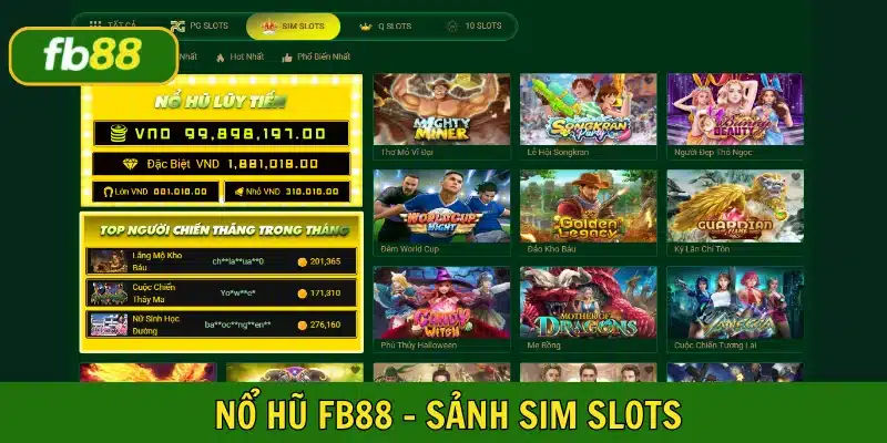 Sảnh Sim Slots với nhiều tựa game được yêu thích hàng đầu